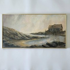 Vintage MCM Coastal Seascape Oil Painting Masonite New England Fishing Shack 60s
