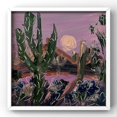Purple Sunset Desert Landscape Painting Framed Cactus Original Home Decor Gift