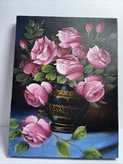 Vintage Oil Painting Roses In Vase Still Life Canvas Signed 12 X16 Preowned