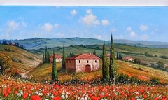 TUSCANY ITALY PAINTING FLOWERS FIELD by PACINI ITALIAN ORIGINAL Toskana-Malerei