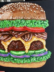 Acrylic Painting Original, Cheeseburger, Bacon, Fast Food, Food Art, 6×6