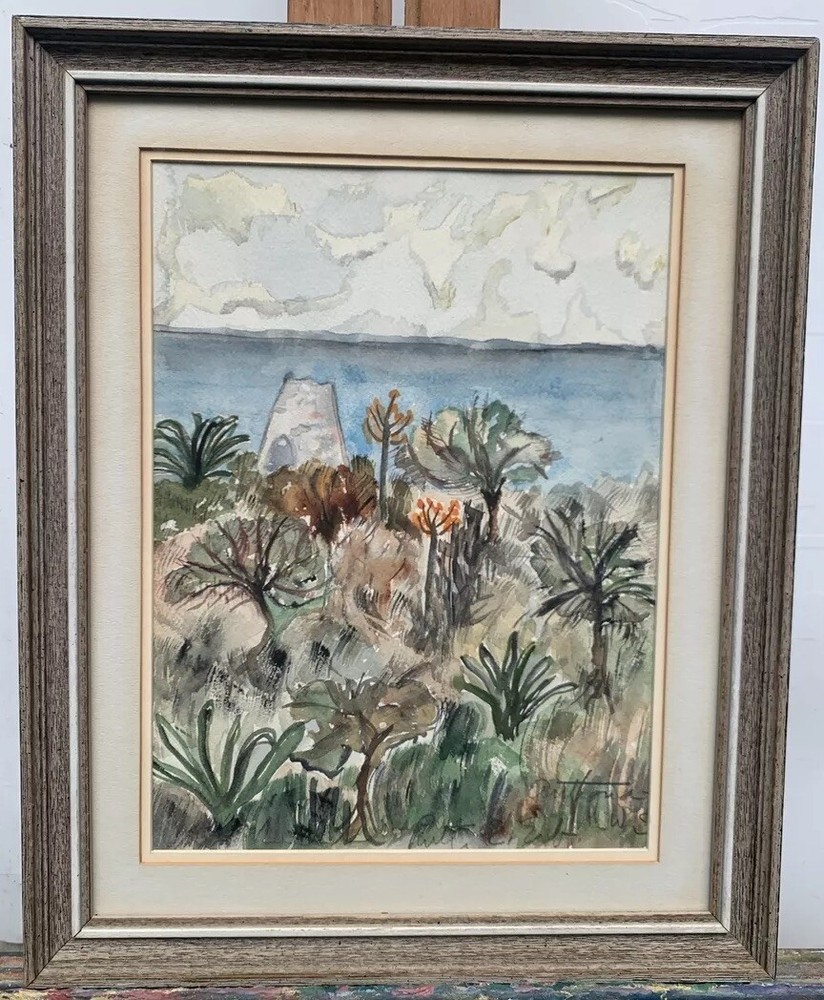 Mid Century Impressionist Watercolor Painting Antigua Seascape Tropical Floral