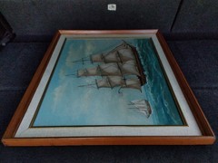 Vintage Original Oil Painting Clipper Ship Tall Sails Nautical Framed 16×20