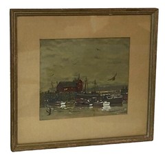 H B Mussina (1903 – 1969 US) Original Harbor Scene Gouache Painting C1946