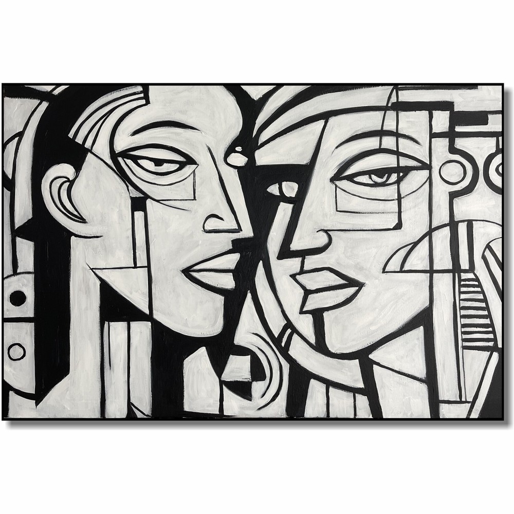 29.5″x43″ Large Abstract Cubist Black and White Face Art GEOMETRIC CONNECTION