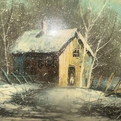 Winter Scene Oil Painting Nature Sea snow Cottage Artist Signature Ornate frame