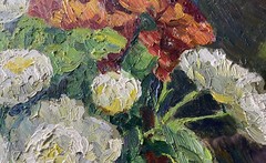 Sara Hess “Chrysanthemum”, Oil Paint On Canvas, Bright Yellows And Reds