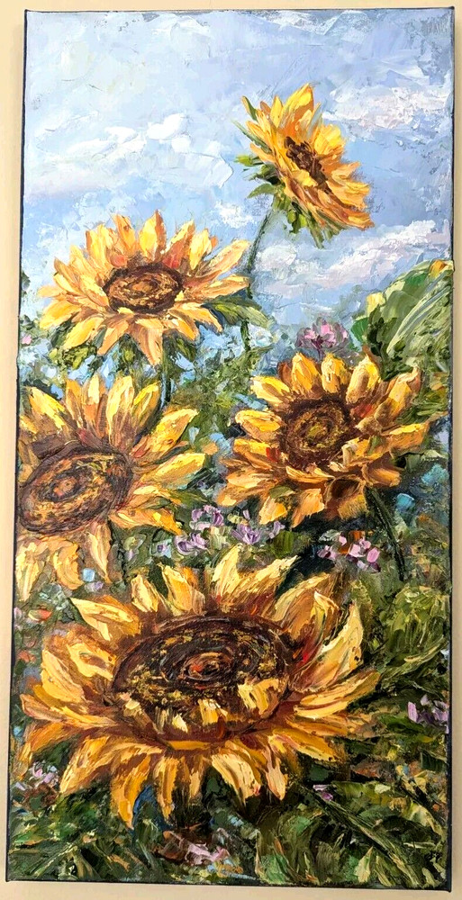 ORIGINAL OIL impasto Painting „Sunflowers “ 20″x 10″ by Olga Diduh.