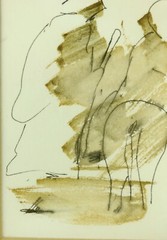 Midcentury Abstract Expressionist Line Drawing & Watercolor Mary & Joseph ?