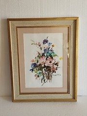 VTG Watercolor Painting Art Wild flowers 15×19″ Wood Frame Matted Signed Picture