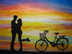 Watercolor Painting Silhouette Man and Woman Bicycle Sunset Sport ACEO Art