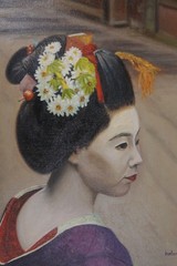JAPANESE GEISHA GIRL OIL PAINTING ON CANVAS PERIOD FRAMED ARTIST HELEN SHARE
