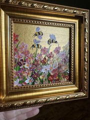 Bee, Honeybee Wild flowers, original,miniature Painting,small,mini, Framed