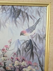 Oriental Vintage Oil painting Bird & Flower Blossom Signed Bamboo Style Frame