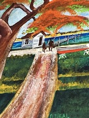 Original Acrylic Coastal Landscape Painting Red Tree Beach Cottage Folk Art