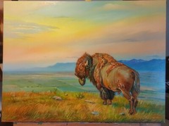 ✔Oil paintings original, signed. Evening Landscape with the Buffalo