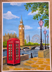 London Street Acrylic Painting Big Ben British Landmark Travel Gift А4 Art