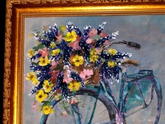 ORIGINAL Royal Pink Yellow Bluebonnet Floral Bouquet Basket Bicycle Oil Board Vt