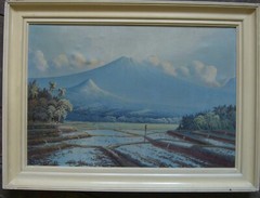 Asian Farmers Oil Painting Signed Fieldworker Volcano Asia Rice Fields 1953