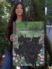 Original painting on 18×24 In. canvas featuring black cats in a flower garden