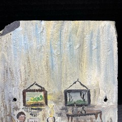 Vtg Painting On Slate Signed Dad Son & Dog Wall Hanging Primitive Decor 12 x 6″