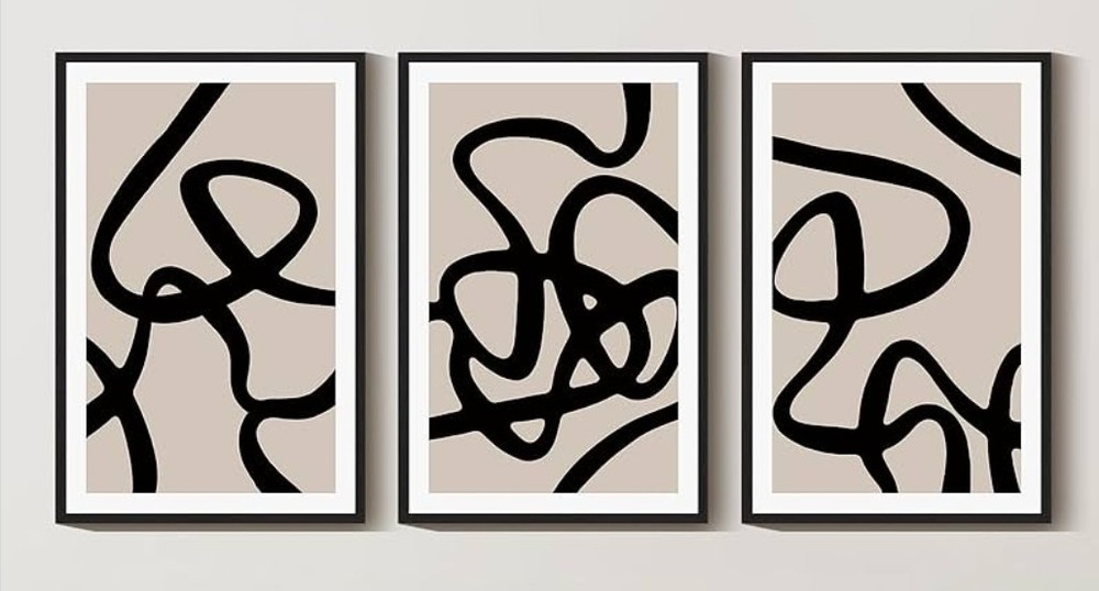 PHOPAGO Large 16x24in Black Lines Abstract Wall Art Ink Wash Minimalist Framed
