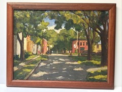 ANTIQUE WPA REGIONALISM PAINTING LANDSCAPE OLD CARS 1940’S LISTED NEW YORK OIL