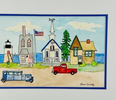 Hand-Painted Coastal American Town Scene Watercolor Art By Sharon Connolly 15” x