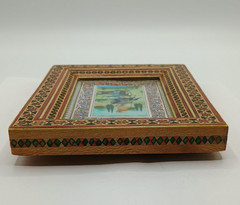 Vintage Persian Hand Crafted Small Painting Detailed Khatam Marquetry Wood Frame