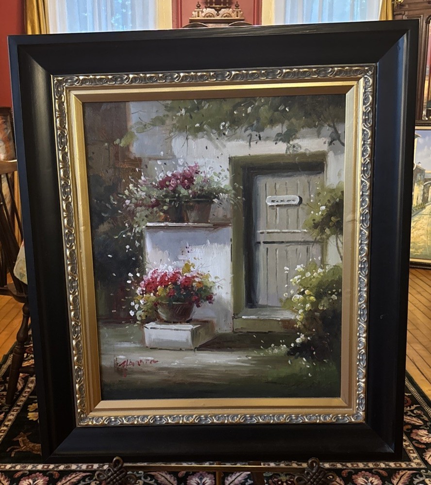 Landscape Oil Painting Signed With Ornate Black And Gold Frame 33 X 29