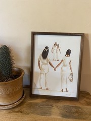 RARE VINTAGE ADAM SHIELDS OIL PAINTING MEN & WOMEN MEETING NATIVE AMERICAN ART