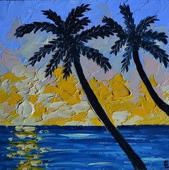 Original Painting Hawaii Palm Trees Oil Seascape Artwork Ocean Sunset 6 х 6 in