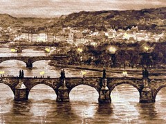 Watercolour city view panorama Prague at night Vltava Charles Bridge St. Vitus Cathedral