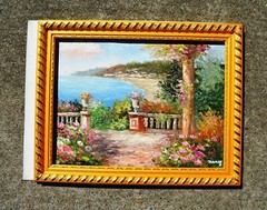 MEDITERRANEAN GARDEN OCEAN VIEW HAND PAINT 16″ CANVAS OIL PAINTING ART GIFT 483