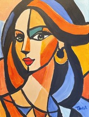 Cubist Portrait Painting Woman with Green Eyes Geometric Modern Art 11×14 Canvas