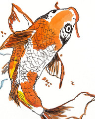 Koi in Motion 14X11 Expressive Line Art Watercolor Gallery Paper Signed Orange