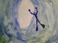 Abstract Watercolor Diver 7x10Ocean Vortex Art Surreal Swimming Scene