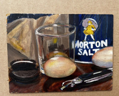 Morton Salt Still Life Oil On Board Vintage Primitive Farm Scene Double Sided