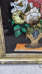 Antique Beautiful Victorian Framed Tinsel Reverse Foil Painting Floral Tinfoil
