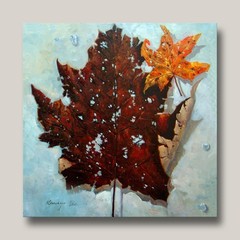 Acrylic on Canvas Original Abstract Maple Leaves Painting on A Grey Background