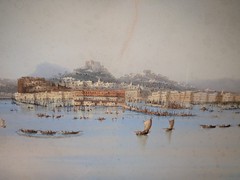 Fine Antique Italian Watercolor Painting Landscape Harbor Scene 10 1/2 x 17″