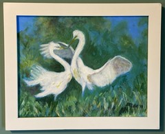 Original Acrylic On Canvas Painting “Two Egrets” Impressionist Green Blue Signed