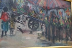 Vintage Rubi Roth framed oil pastel watercolor painting market scene 16.5″x31″