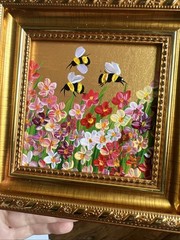 Bee, Honeybee Wild flowers, original,miniature Painting,small,mini, Framed