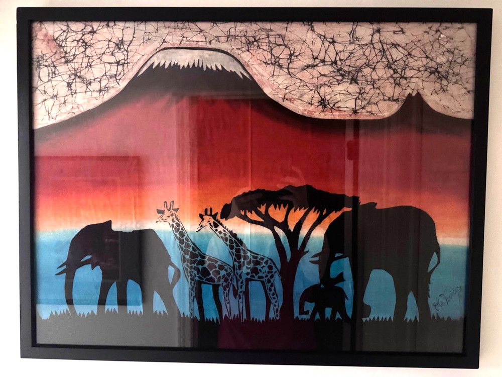 African BATIK Original TANZANIAN Art – Elephants, Acacia Tree & Mt Kilimanjaro