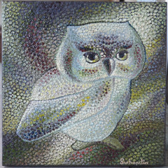 An oil painting titled „Gray Owl.“ The canvas size is 30 by 30 centimeters.