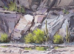 TOM HAAS painting ‚Sparce Existence‘ oil 9×12 Arizona desert wash rocks saguaro