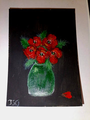 ACEO Original Painting Art Card Acrylic, Red Poppies Flower Vase by Jayne