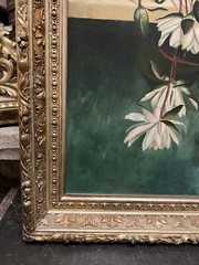 Victorian Aesthetic Water Lily Floral Still Life Oil Painting Gilt Gesso Frame