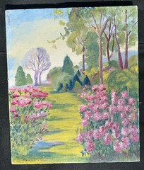 VTG Original Pink Flower GARDEN LANDSCAPE Linen Nailhead 10.75×12.75” Signed